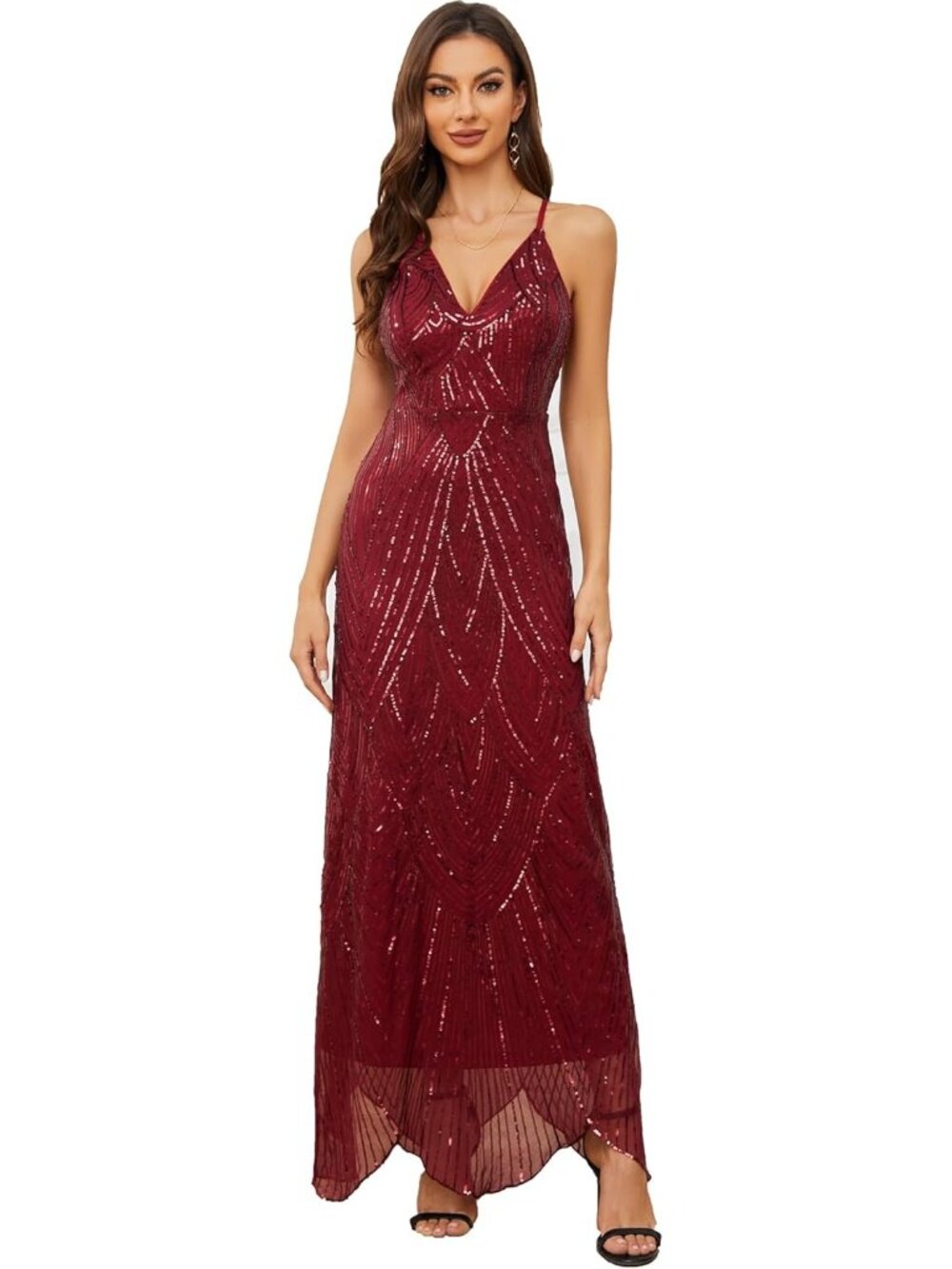 Women's Wine V Neck Spaghetti Straps Sparkly Glitter Backless Maxi Dress